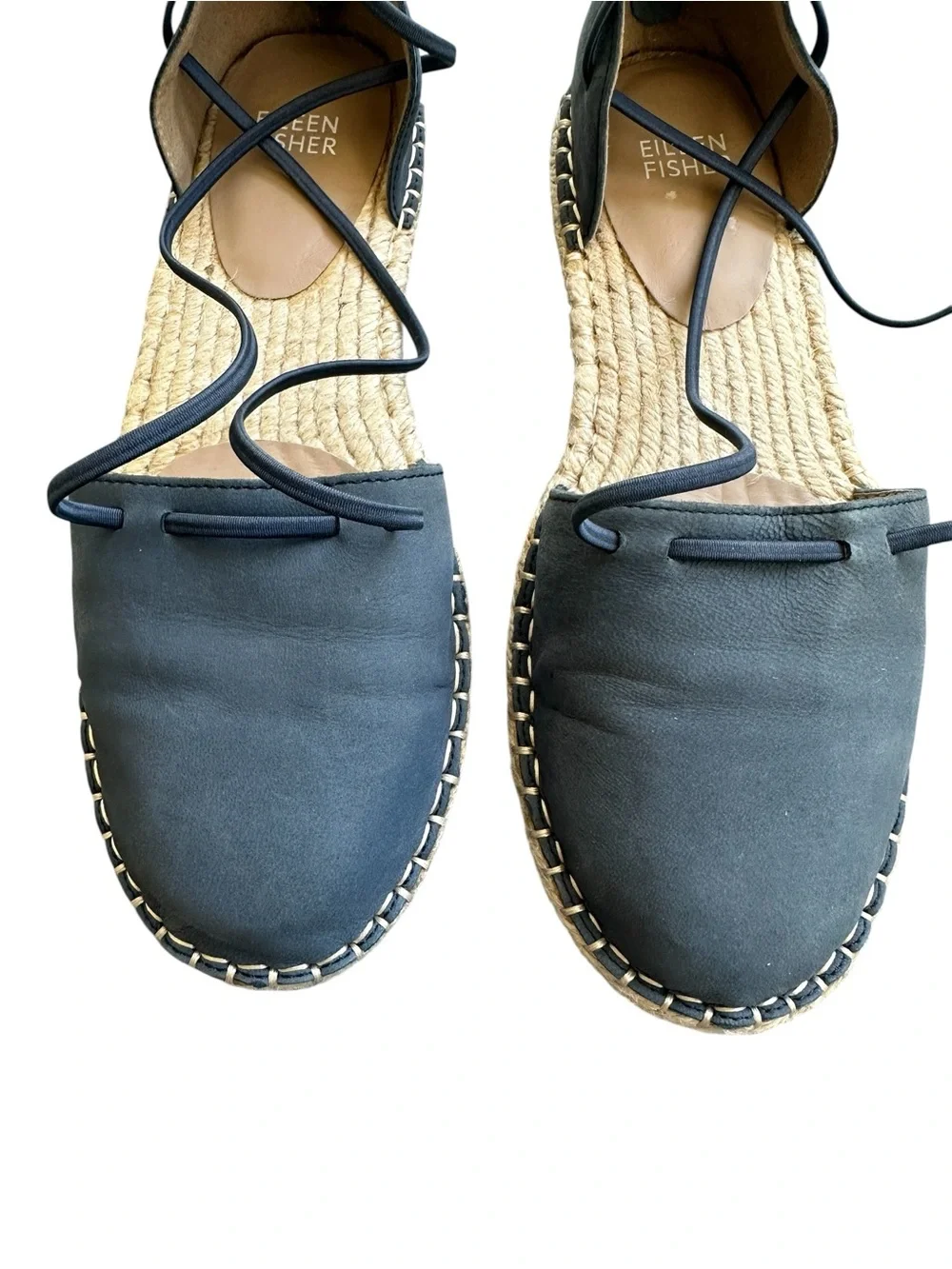 Eileen Fisher Espadrille Flats Navy Leather Ankle Wrap Size 7.5